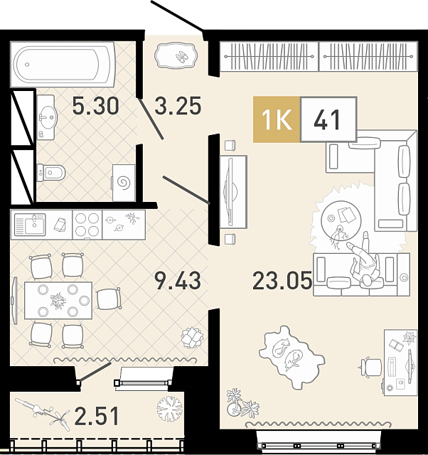 Планировка: 1-комнатная 40.9 м² в ЖК Ново Комарово, Ново-Комарово