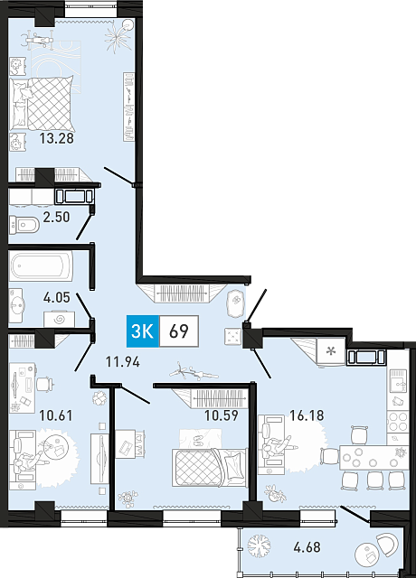 Планировка: 4-комнатная евро 69.1 м² в ЖК Ново Комарово, Ново-Комарово