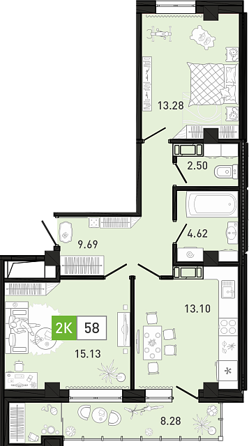 Планировка: Евротрешка 58.5 м² в ЖК Ново Комарово, Ново-Комарово
