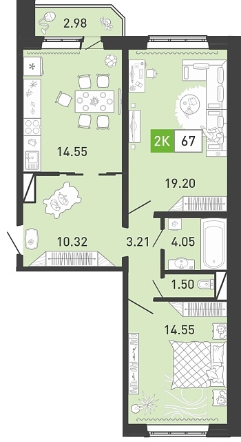 Планировка: Евротрешка 67.5 м² в ЖК Ново Комарово, Ново-Комарово