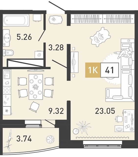 Планировка: 1-комнатная 41.1 м² в ЖК Ново Комарово, Ново-Комарово