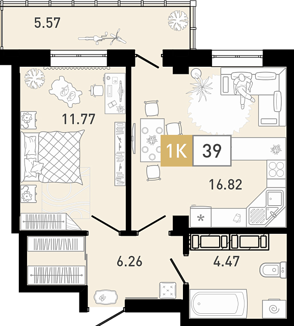 Планировка: Евродвушка 39.5 м² в ЖК Ново Комарово, Ново-Комарово