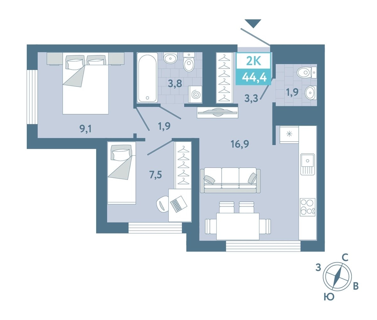 Планировка: Формат уточняется 44.4 м² в ЖК AIRIS, Комарово Парк