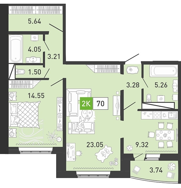Планировка: Евротрешка 70.1 м² в ЖК Ново Комарово, Ново-Комарово