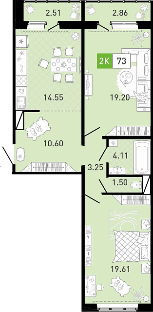 Планировка: Евротрешка 72.9 м² в ЖК Ново Комарово, Ново-Комарово