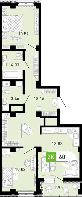 Планировка: Евротрешка 60.1 м² в ЖК Пятый квартал, Ново-Патрушево