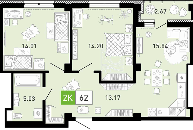 Планировка: Евротрешка 61.7 м² в ЖК Пятый квартал, Ново-Патрушево