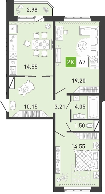 Планировка: Евротрешка 67.8 м² в ЖК Ново Комарово, Ново-Комарово