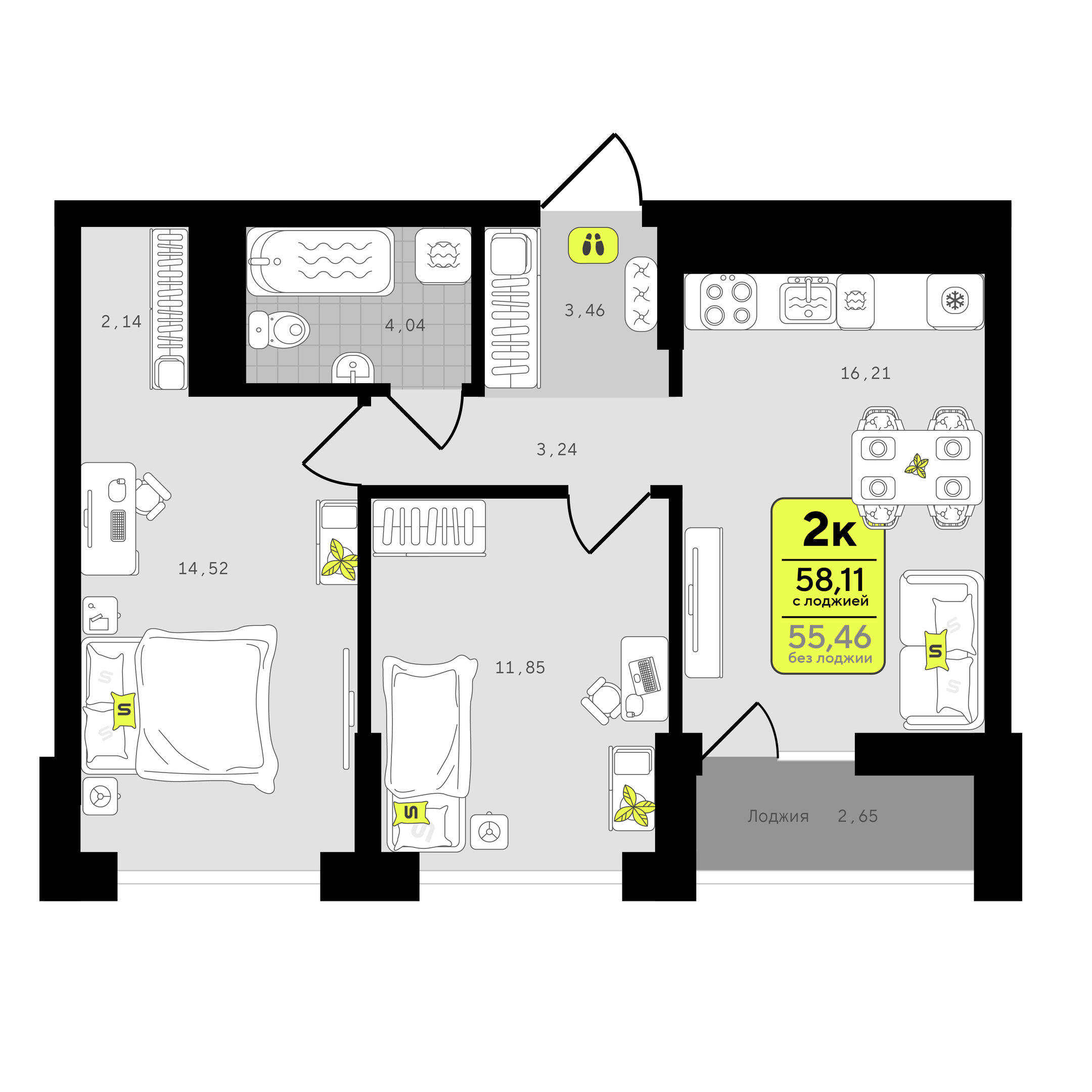Планировка: Формат уточняется 58.1 м² в ЖК Окинава, 5-й Заречный