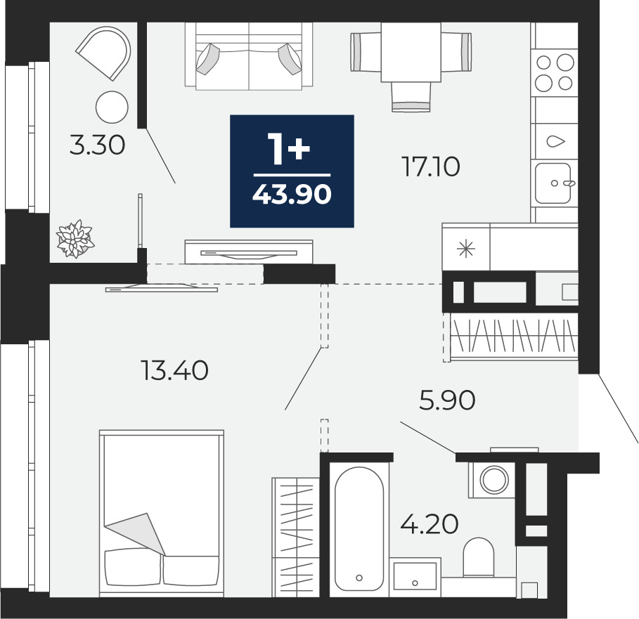 Планировка: Евродвушка 40.6 м² в ЖК Айвазовский, 5-й Заречный