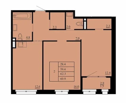Планировка: Евротрешка 62.3 м² в ЖК Тура-2, Лесобаза