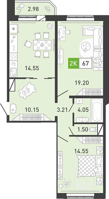 Планировка: Евротрешка 67.8 м² в ЖК Пятый квартал, Ново-Патрушево