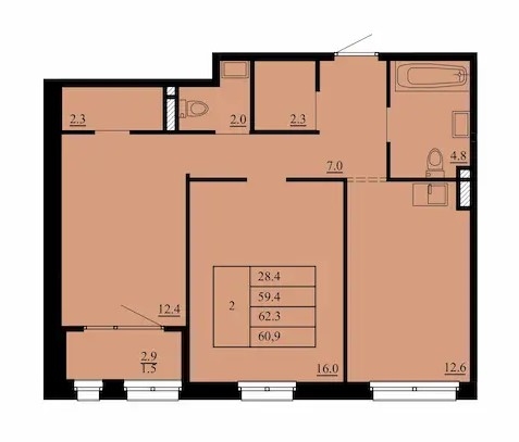 Планировка: Евротрешка 62.3 м² в ЖК Тура-2, Лесобаза