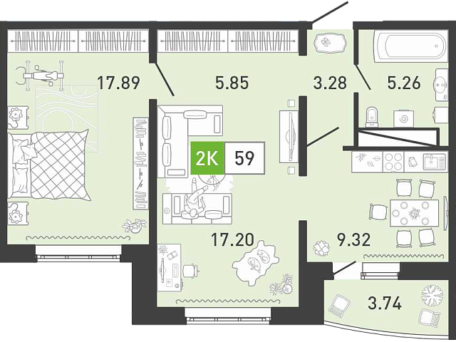 Планировка: Евродвушка 58.9 м² в ЖК Пятый квартал, Ново-Патрушево