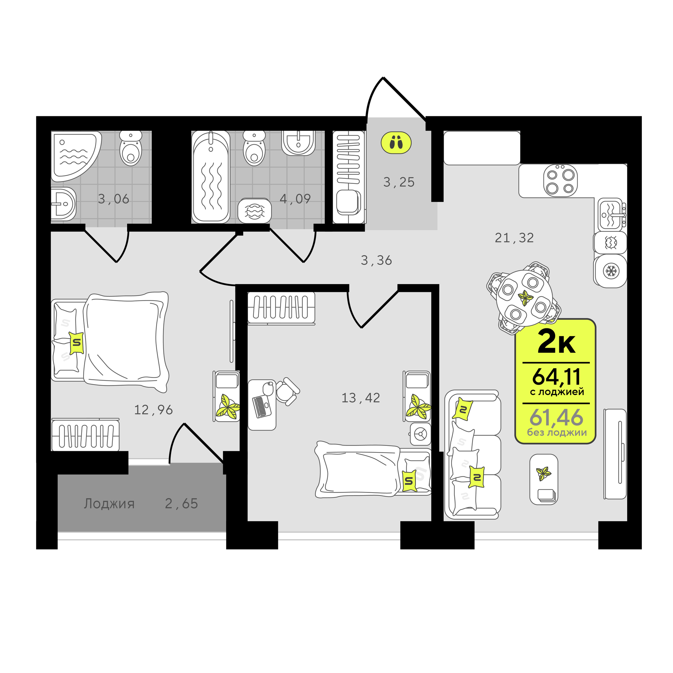 Планировка: Формат уточняется 64.1 м² в ЖК Окинава, 5-й Заречный