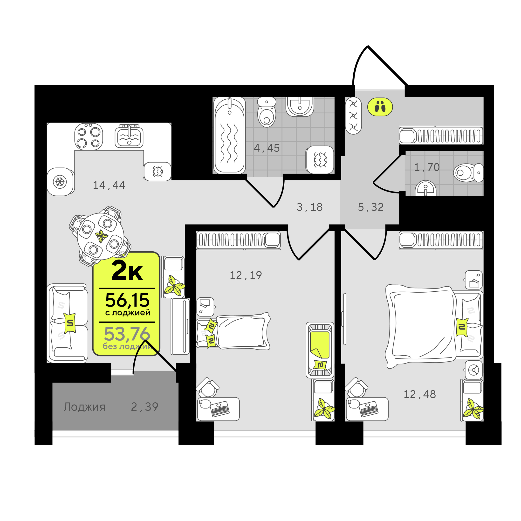 Планировка: Формат уточняется 56.1 м² в ЖК Окинава, 5-й Заречный