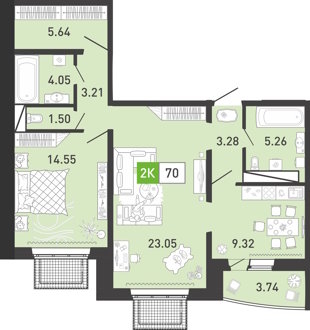 Планировка: 2-комнатная 70.2 м² в ЖК Ново Комарово, Ново-Комарово