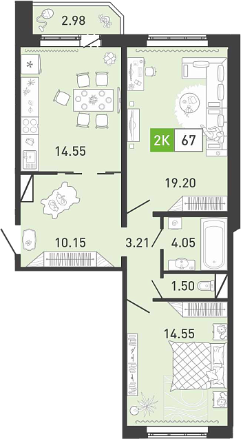 Планировка: Евротрешка 67.9 м² в ЖК Пятый квартал, Ново-Патрушево
