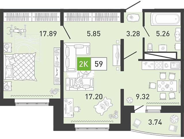 Планировка: Евродвушка 58.8 м² в ЖК Пятый квартал, Ново-Патрушево
