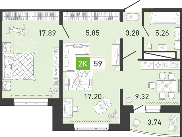 Планировка: Евродвушка 58.9 м² в ЖК Пятый квартал, Ново-Патрушево
