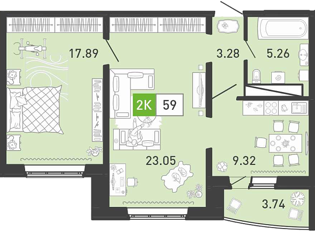 Планировка: Формат уточняется 58.7 м² в ЖК Пятый квартал, Ново-Патрушево