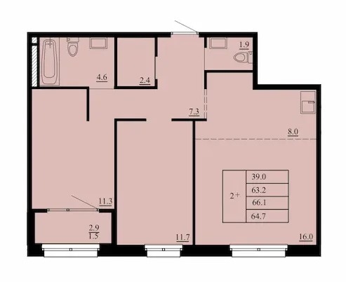 Планировка: Евротрешка 66.1 м² в ЖК Тура-2, Лесобаза