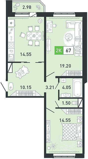Планировка: Евротрешка 67.6 м² в ЖК Ново Комарово, Ново-Комарово