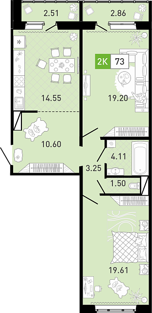 Планировка: Евротрешка 73.1 м² в ЖК Пятый квартал, Ново-Патрушево