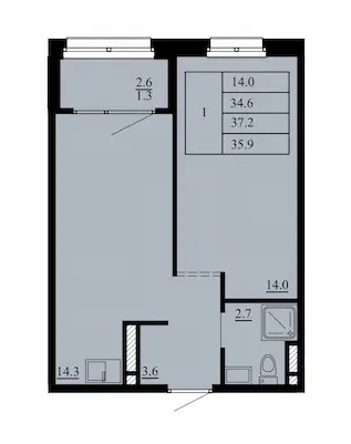Планировка: Евродвушка 37.2 м² в ЖК Тура-2, Лесобаза