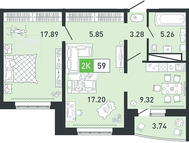 Планировка: Евродвушка 58.7 м² в ЖК Ново Комарово, Ново-Комарово