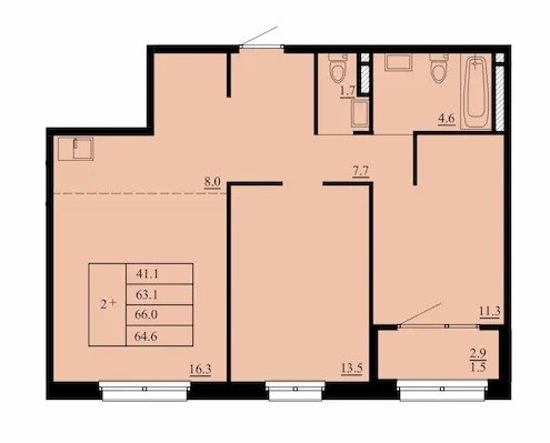 Планировка: Евротрешка 66 м² в ЖК Тура-2, Лесобаза