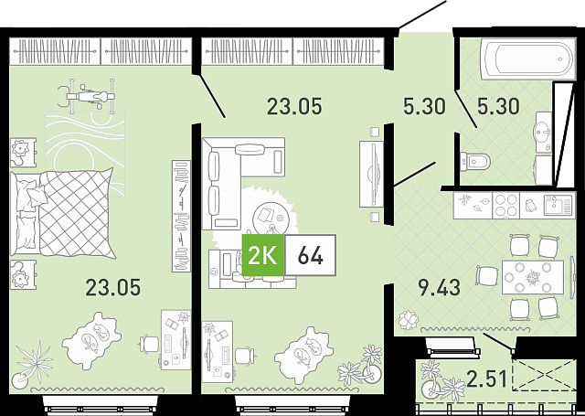 Планировка: Евродвушка 64.1 м² в ЖК Пятый квартал, Ново-Патрушево