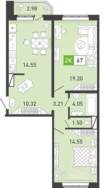 Планировка: Евротрешка 67.6 м² в ЖК Пятый квартал, Ново-Патрушево