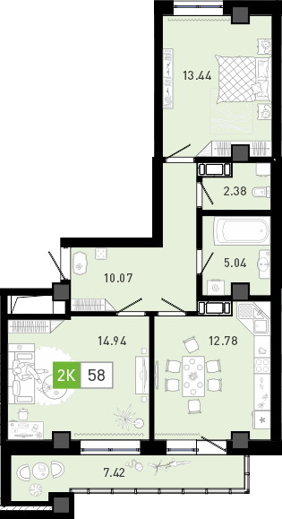 Планировка: 2-комнатная 58.5 м² в ЖК Пятый квартал, Ново-Патрушево