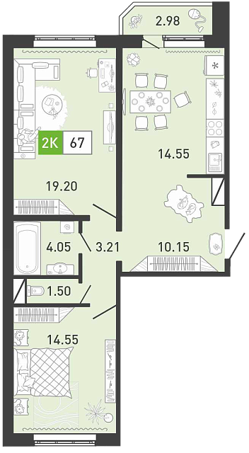 Планировка: Евротрешка 67.7 м² в ЖК Пятый квартал, Ново-Патрушево