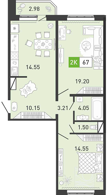 Планировка: Евротрешка 67.7 м² в ЖК Пятый квартал, Ново-Патрушево
