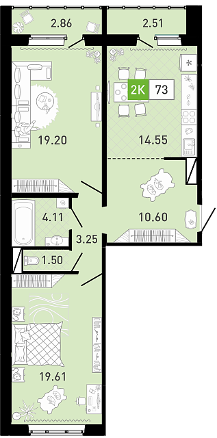 Планировка: Евротрешка 73.1 м² в ЖК Пятый квартал, Ново-Патрушево
