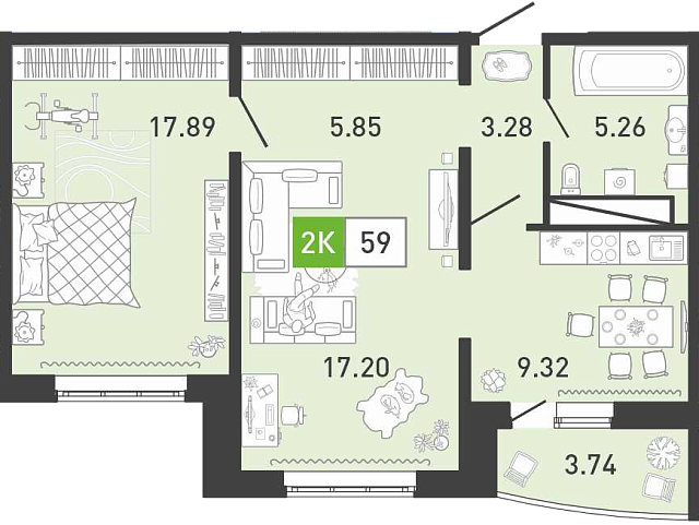 Планировка: Евродвушка 58.7 м² в ЖК Пятый квартал, Ново-Патрушево