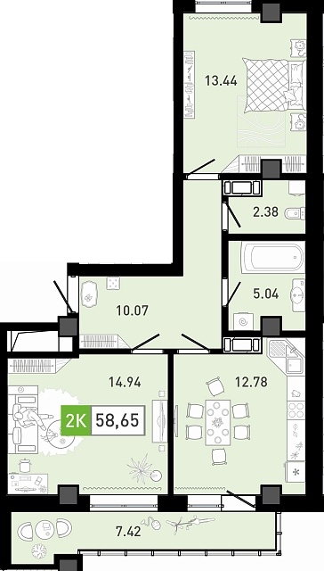 Планировка: 2-комнатная 58.7 м² в ЖК Пятый квартал, Ново-Патрушево
