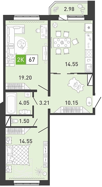Планировка: Евротрешка 67.6 м² в ЖК Ново Комарово, Ново-Комарово