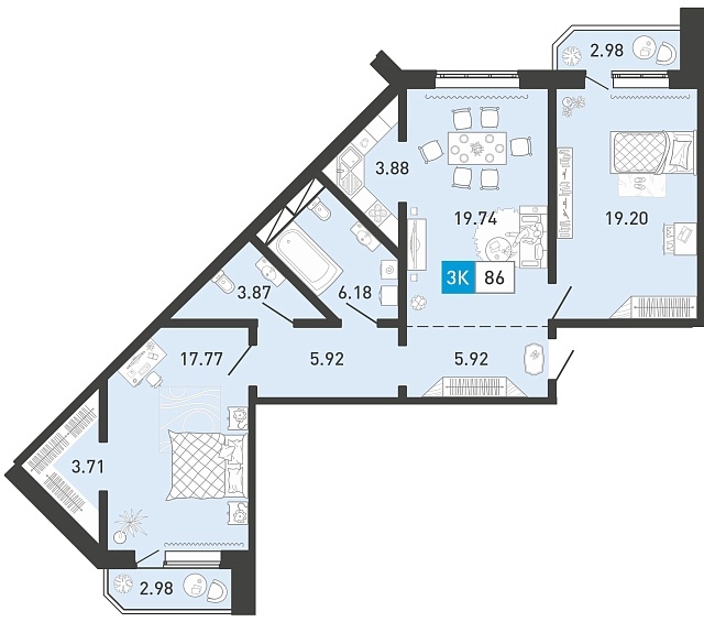 Планировка: Евротрешка 85.9 м² в ЖК Ново Комарово, Ново-Комарово