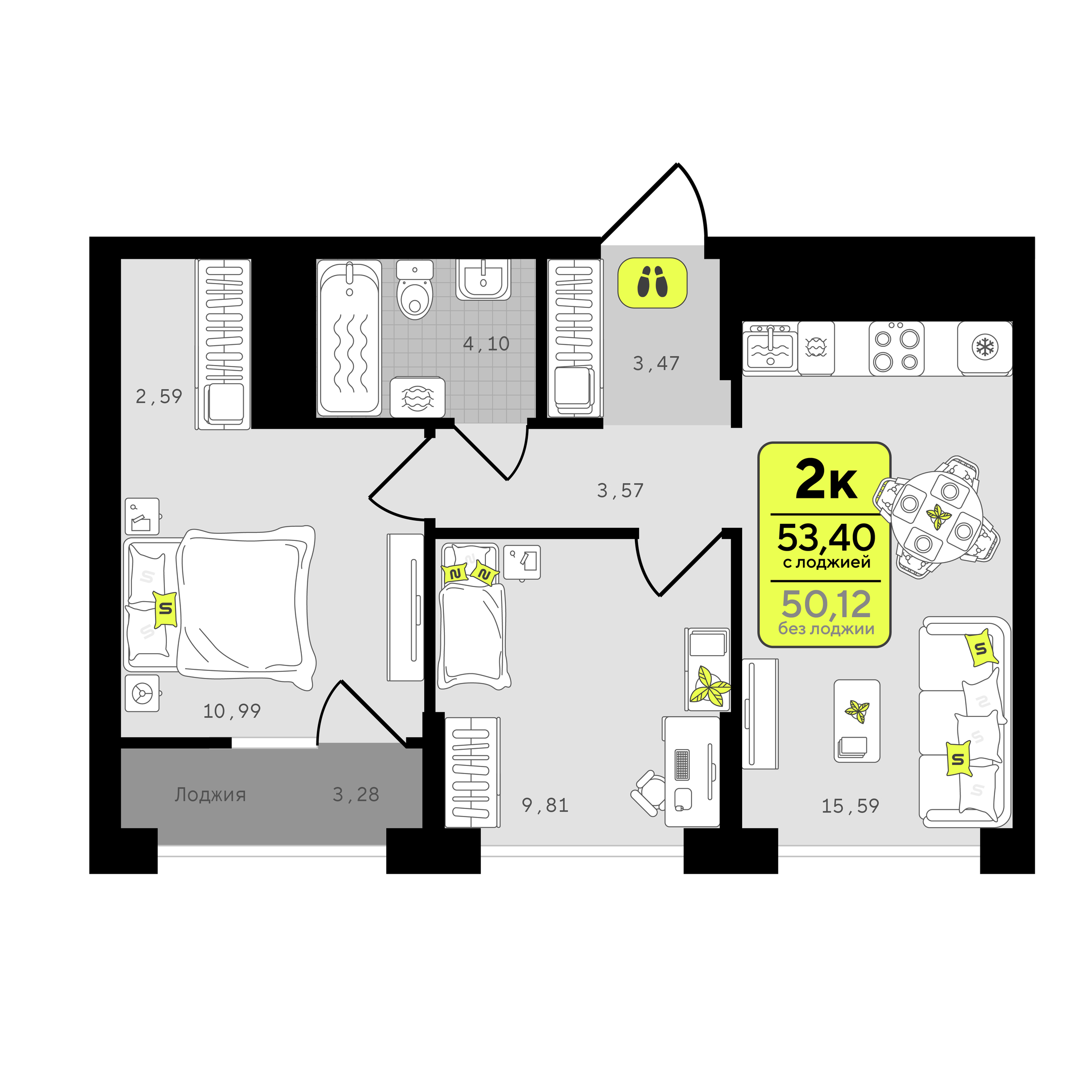 Планировка: Формат уточняется 53.4 м² в ЖК Окинава, 5-й Заречный