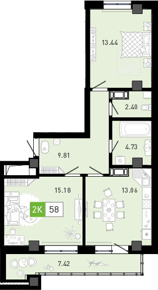 Планировка: Евротрешка 58.7 м² в ЖК Пятый квартал, Ново-Патрушево