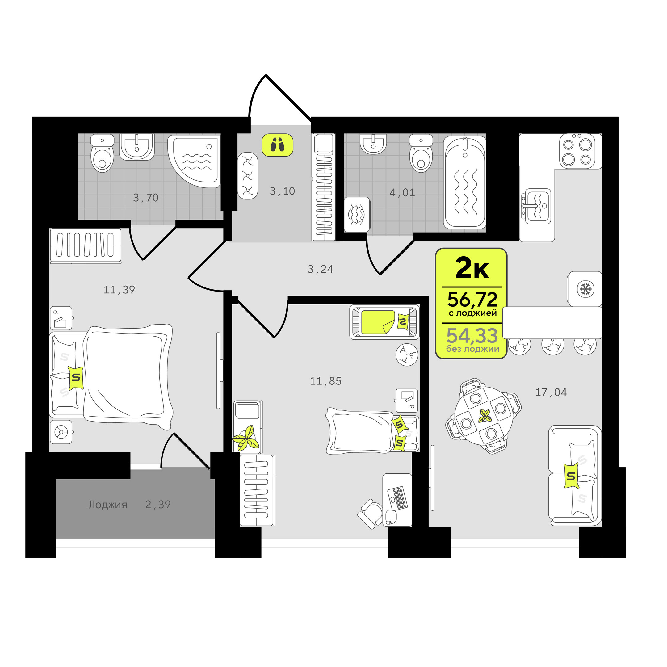 Планировка: Формат уточняется 56.7 м² в ЖК Окинава, 5-й Заречный