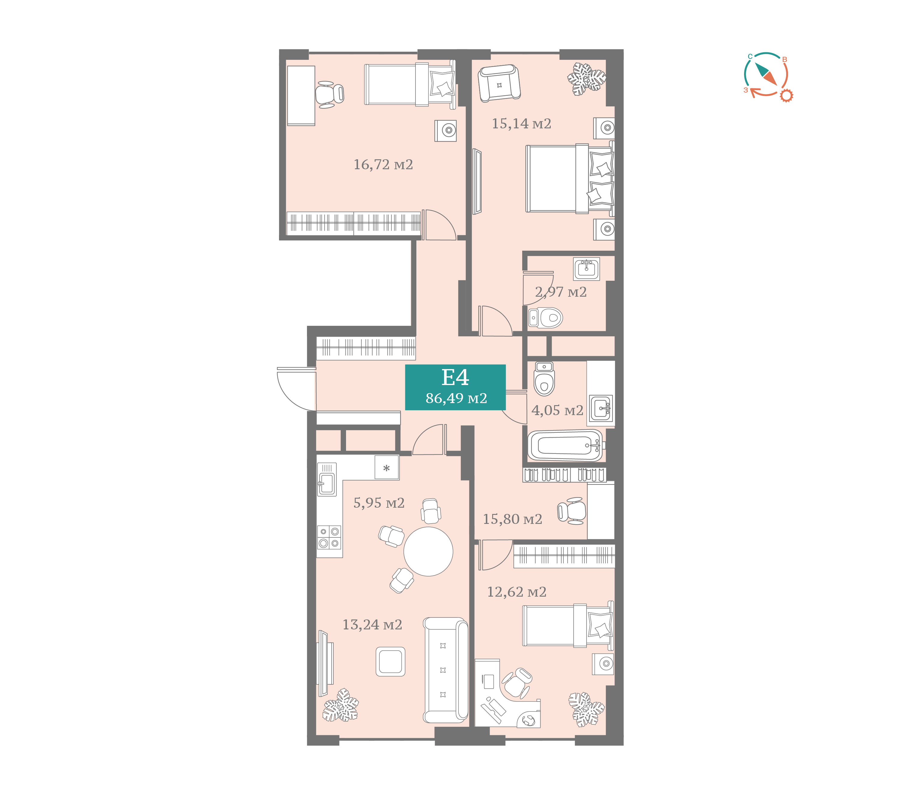 Планировка: 4-комнатная евро 86.5 м² в ЖК ДомОтель, Мыс