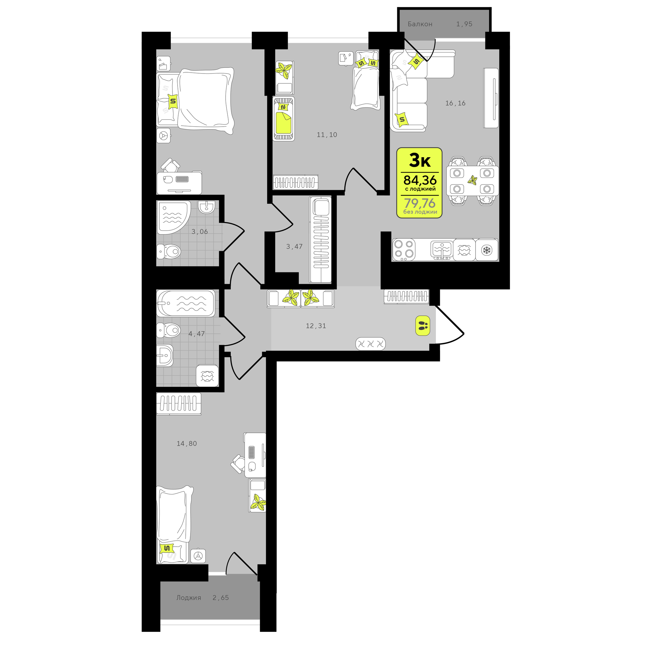 Планировка: Формат уточняется 84.4 м² в ЖК Окинава, 5-й Заречный