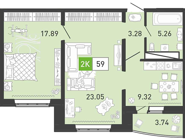 Планировка: Евродвушка 58.9 м² в ЖК Пятый квартал, Ново-Патрушево