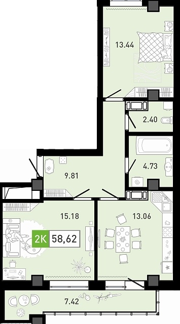 Планировка: Евротрешка 58.9 м² в ЖК Пятый квартал, Ново-Патрушево