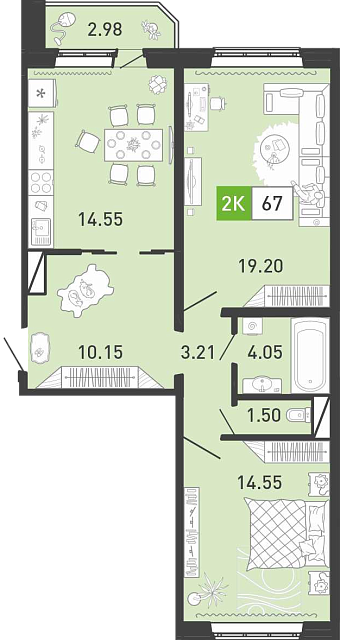 Планировка: Евротрешка 67.6 м² в ЖК Пятый квартал, Ново-Патрушево