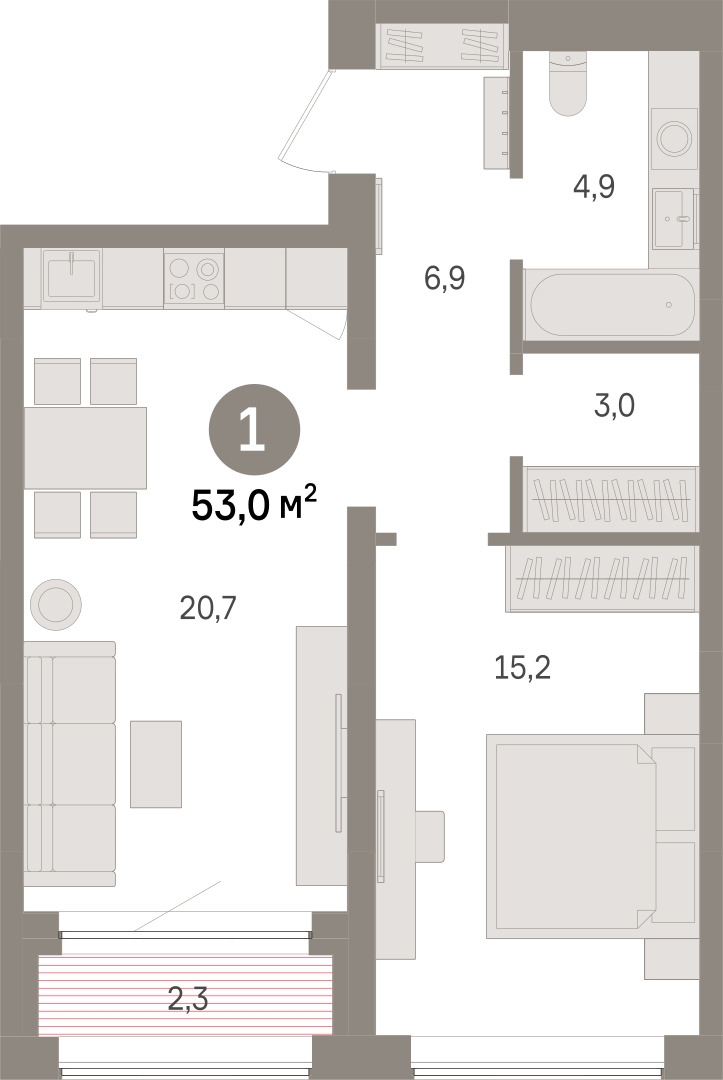 Планировка: 1-комнатная 53 м² в ЖК Речной порт, Центр: Дом печати